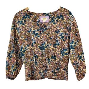 Anthropologie Maeve Odetta Blue & Pink Floral Smocked-Waist Blouse